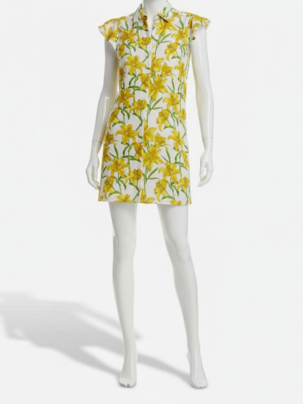 Alice + Olivia Women's Yellow Floral Collared Ruffle Cap Sleeve Jem Dress Size S